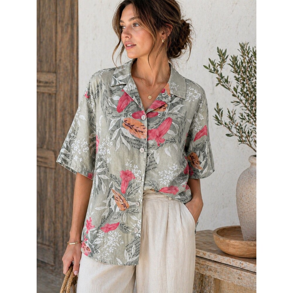 Vintage Silk Linen Camp Shirt 90s Floral French Script Relaxed Erin London XL